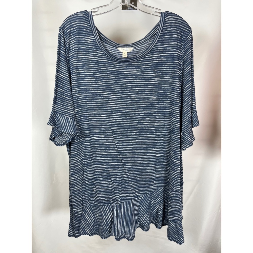 Terra & Sky Womens 3X Blue Space Dye Striped Ruffle Hem Short Sleeve Tunic Top